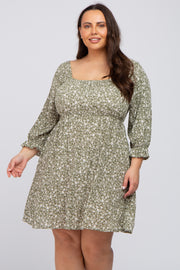 Olive Floral 3/4 Sleeve Plus Dress