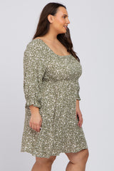 Olive Floral 3/4 Sleeve Plus Dress