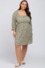 Olive Floral 3/4 Sleeve Plus Dress