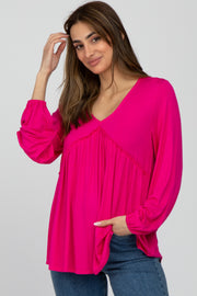 Fuchsia V-Neck Ruffle Accent Long Sleeve Top