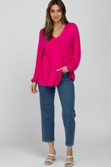 Fuchsia V-Neck Ruffle Accent Long Sleeve Top