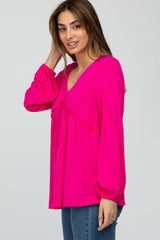 Fuchsia V-Neck Ruffle Accent Long Sleeve Top