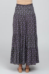 Black Lavender Floral Tiered Maternity Maxi Skirt