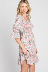 Pink Floral Smocked 3/4 Sleeve Dress