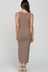 Taupe Ribbed Sleeveless Maternity Midi Dress