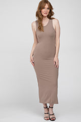 Taupe Ribbed Sleeveless Maternity Midi Dress