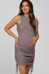 Mocha Sleeveless Ruched Side Tie Maternity Dress