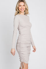 Taupe Ribbed Ruched Side Tie Fitted Dress