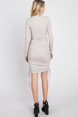 Taupe Ribbed Ruched Side Tie Fitted Dress