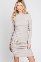 Taupe Ribbed Ruched Side Tie Fitted Dress