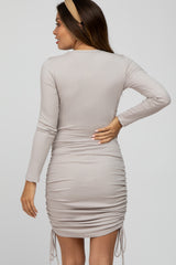 Taupe Ribbed Ruched Side Tie Maternity Fitted Dress