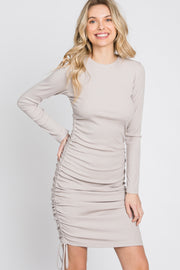 Taupe Ribbed Ruched Side Tie Fitted Dress