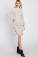 Taupe Ribbed Ruched Side Tie Fitted Dress