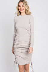 Taupe Ribbed Ruched Side Tie Fitted Dress