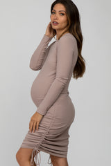 Mauve Ribbed Ruched Side Tie Maternity Fitted Dress