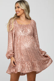 Pink Sequin Balloon Sleeve Maternity Dress