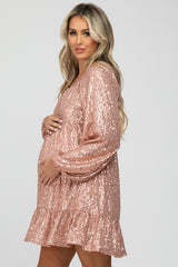 Pink Sequin Balloon Sleeve Maternity Dress