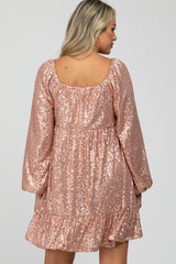 Pink Sequin Balloon Sleeve Maternity Dress