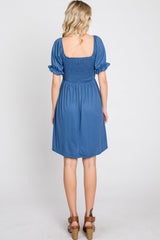 Blue Smocked Puff Sleeve Dress