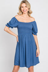 Blue Smocked Puff Sleeve Dress