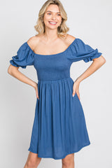 Blue Smocked Puff Sleeve Dress