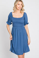 Blue Smocked Puff Sleeve Dress