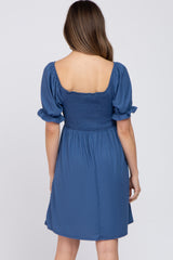 Blue Smocked Puff Sleeve Maternity Dress