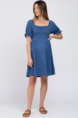 Blue Smocked Puff Sleeve Maternity Dress