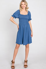 Blue Smocked Puff Sleeve Dress