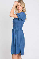 Blue Smocked Puff Sleeve Dress