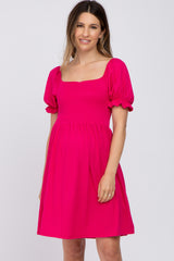 Fuchsia Smocked Puff Sleeve Maternity Dress