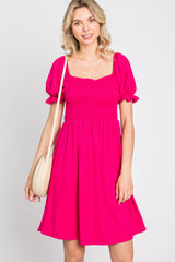 Fuchsia Smocked Puff Sleeve Dress