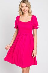 Fuchsia Smocked Puff Sleeve Dress