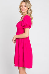 Fuchsia Smocked Puff Sleeve Dress