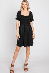 Black Smocked Puff Sleeve Dress