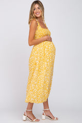 Yellow Floral Smocked Maternity Midi Dress