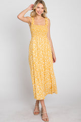 Yellow Floral Smocked Midi Dress