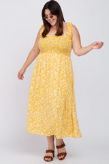 Yellow Floral Smocked Maternity Plus Midi Dress