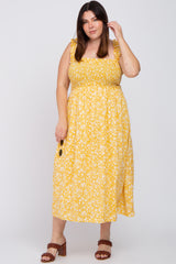 Yellow Floral Smocked Plus Midi Dress