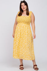 Yellow Floral Smocked Plus Midi Dress