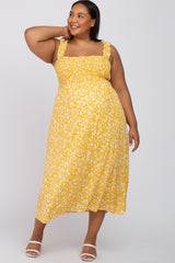 Yellow Floral Smocked Maternity Plus Midi Dress