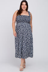 Navy Blue Floral Smocked Maternity Plus Midi Dress