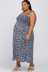 Navy Blue Floral Smocked Maternity Plus Midi Dress