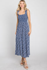 Navy Floral Sleeveless Smocked Maxi Dress