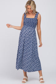 Navy Floral Sleeveless Smocked Maternity Maxi Dress