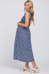 Navy Floral Sleeveless Smocked Maternity Maxi Dress