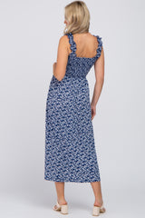 Navy Floral Sleeveless Smocked Maternity Maxi Dress