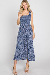 Navy Floral Sleeveless Smocked Maternity Maxi Dress