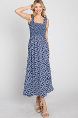 Navy Floral Sleeveless Smocked Maxi Dress