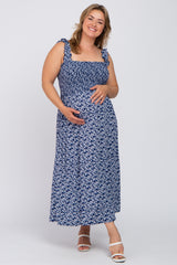 Navy Floral Sleeveless Smocked Plus Maternity Maxi Dress